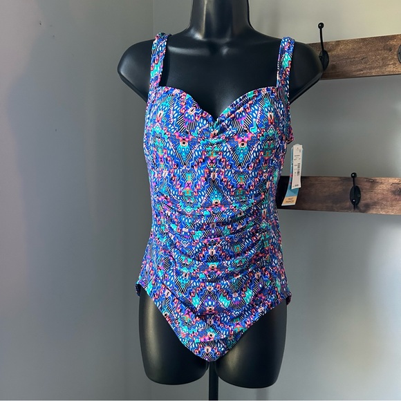 Swim Solutions Women's Tummy-Control Shirred One-Piece Swimsuit (Navy Multi, 12) - Picture 5 of 6